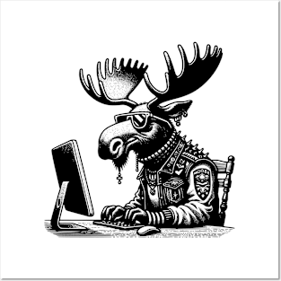 Punk Rock Goth Moose on Computer Vintage Style Posters and Art